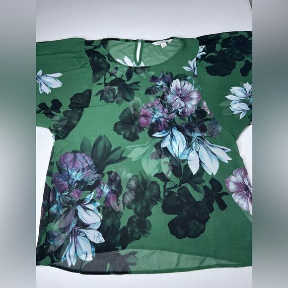 Zac and Rachel Bohemian Green Purple Blue Floral Sheer Top Size S Cuffed sleeve - Picture 8 of 14